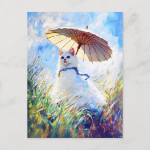 Schilderij van Witte Kat met Parasol in Poppy Fiel Briefkaart