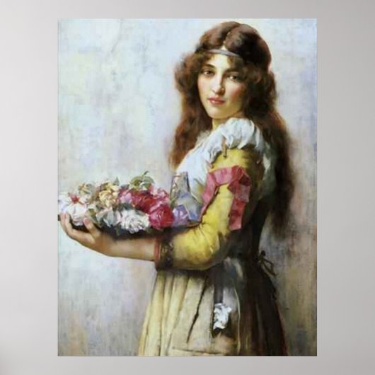  schilderij van Young Lady met bloemen. Poster (Voorkant)