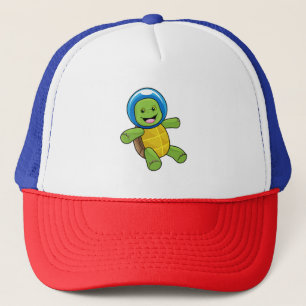 Schildpad als astronaut met glazen bal trucker pet