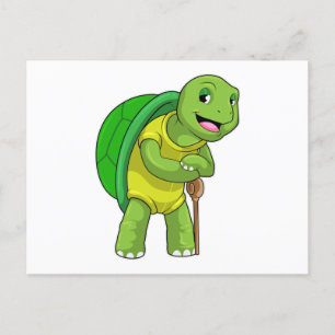Schildpad als gepensioneerde met wandelstok briefkaart