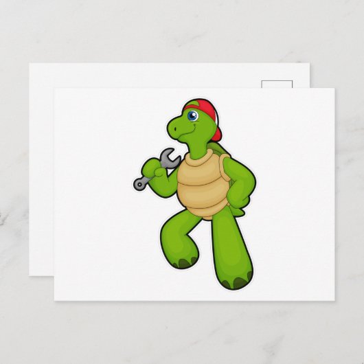 Schildpad als Mechanicien met Sleutel & Pet Briefkaart (Voorkant / Achterkant)