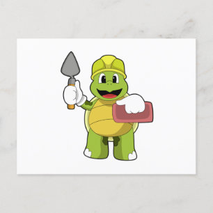 Schildpad als metselaar met steen briefkaart