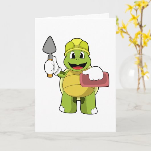 Schildpad als metselaar met steen kaart (Gele Bloem)