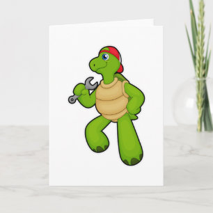 Schildpad als monteur met sleutel & pet kaart