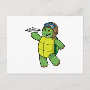 Schildpad als piloot met papieren vliegtuig briefkaart