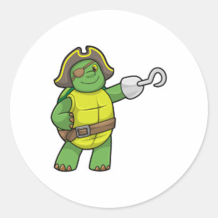 Schildpad als Piraat met gebookte hand- en oogpatc Ronde Sticker