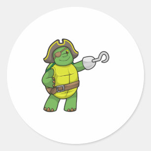 Schildpad als Piraat met gebookte hand- en oogpatc Ronde Sticker