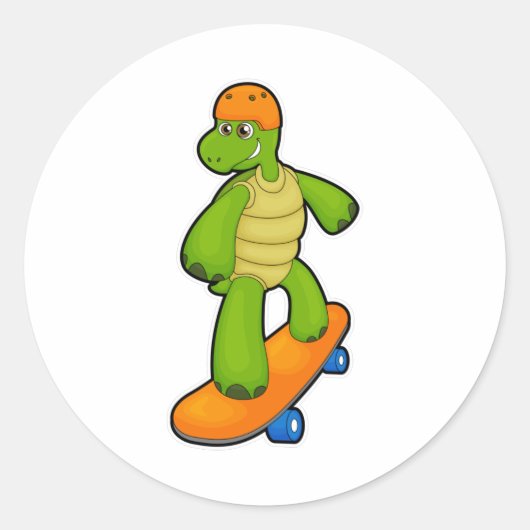 Schildpad als skateboarder met skateboard en helm ronde sticker (Voorkant)
