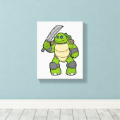 Schildpad als Warrior met zwaard Canvas Afdruk (Insitu (Houten vloer))
