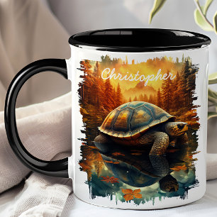 Schildpad bij herfst bosmeerreflectie mok