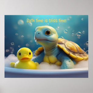 Schildpad en rubber eend in bad met aangepaste tek poster