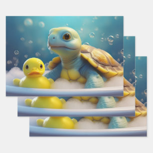 Schildpad en rubber eend in bubbelbad inpakpapier vel
