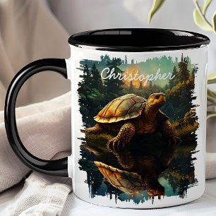 Schildpad in bosreflectie mok