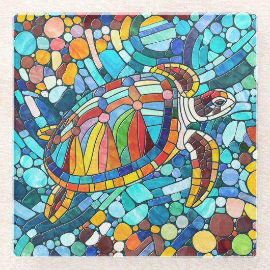 Schildpad Kleurrijke mozaïek kunst Glazen Onderzetter (Voorkant)