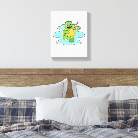 Schildpad met Drink in water Canvas Afdruk (Insitu (Slaapkamer))