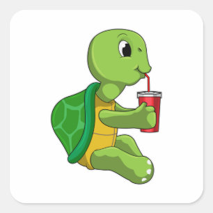 Schildpad met drinkbeker met rietje vierkante sticker