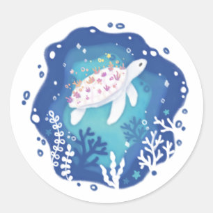 Schildpad met koralen in Ocean Paper Art Illustrat Ronde Sticker