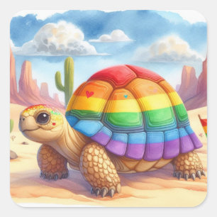 Schildpad met regenboogschelp vierkante Stickers