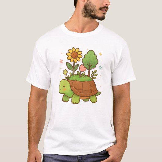 Schildpad met tuin - Schattigee Kawaii Animal Art T-shirt (Voorkant)