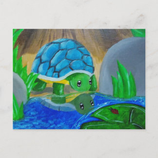 Schildpad op het briefkaart van de vijver