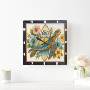 Schildpad Surfboard Beach Life Vierkante Klok