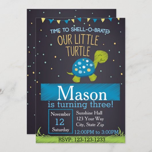 Schildpad Verjaardag Uitnodiging (blauw) (Voorkant / Achterkant)