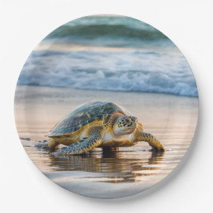 Schildpad wandelen op nat strandzand papieren bordje