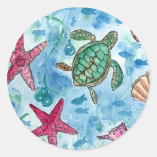 Schildpad Zeesterschelpen Zee Creature Waterverf Ronde Sticker