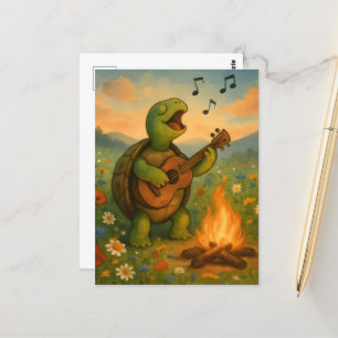 Schildpad zingt bij een kampvuur briefkaart