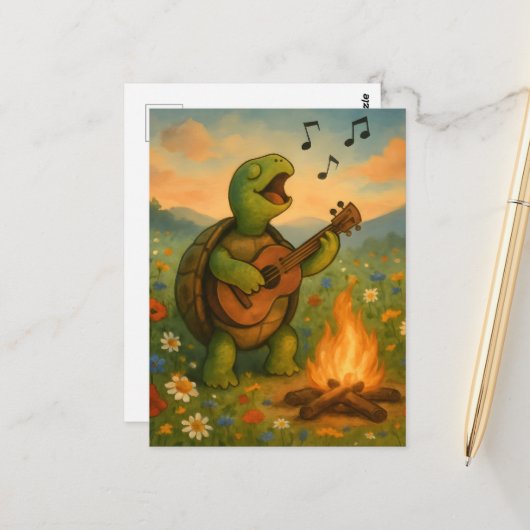 Schildpad zingt bij een kampvuur briefkaart (Voorkant / Achterkant in situ)