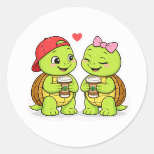 Schildpadden delen koffie en glimlachen ronde sticker