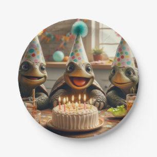 Schildpadden die verjaardag vieren met cake en hoe papieren bordje