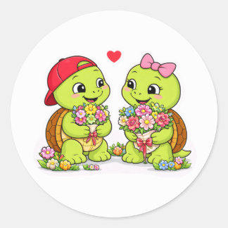 Schildpadden en bloemen in zoete harmonie ronde sticker