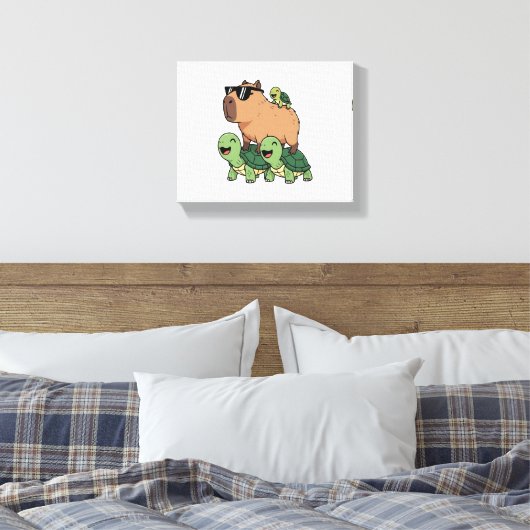 Schildpadden rijden Capybara, Grappig Capybara Canvas Afdruk (Insitu (Slaapkamer))
