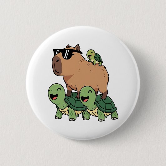 Schildpadden rijden Capybara, Grappig Capybara Ronde Button 5,7 Cm (Voorkant)