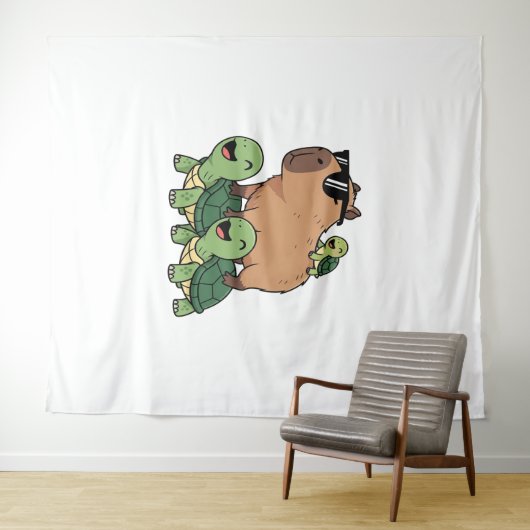 Schildpadden rijden Capybara, Grappig Capybara Wandkleed (In Situ (horizontaal))