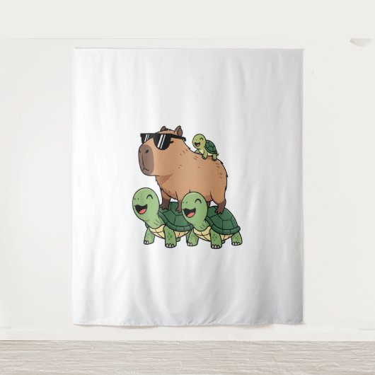 Schildpadden rijden Capybara, Grappig Capybara Wandkleed (Voorkant)