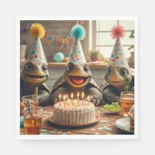 Schildpadden vieren verjaardag met cake en hoeden servet