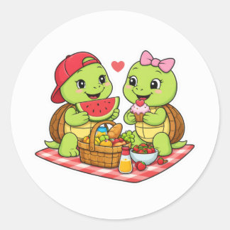 Schildpaddenpicknick met traktaties en glimlach ronde sticker