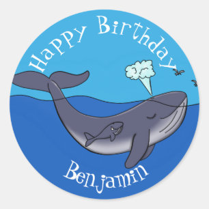 Schildwalvis en kalveren cartoon ronde sticker