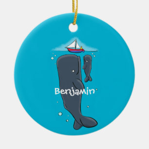 Schildwalvissen en cartoon van zeilboten keramisch ornament