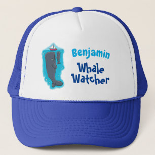 Schildwalvissen en cartoon van zeilboten trucker pet