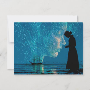Schip en sterrenbeelden, vrouw die aan wal staat briefkaart