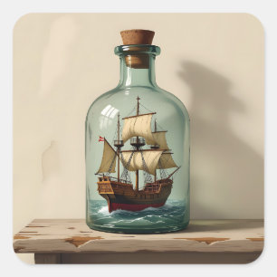 schip in een Antiek flesje Vierkante Sticker