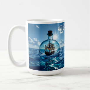 Schip in een fles drijvend op de oceaan koffiemok