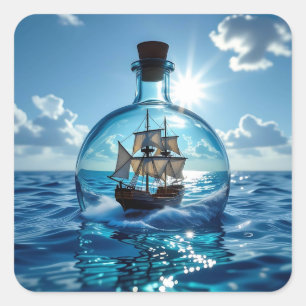 Schip in een fles drijvend op de oceaan vierkante sticker