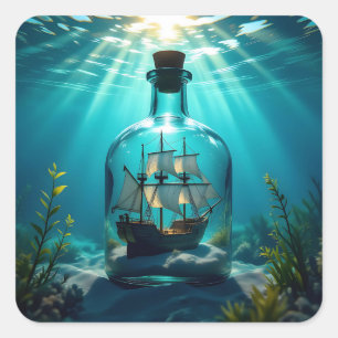 Schip in een fles in de oceaan vierkante sticker