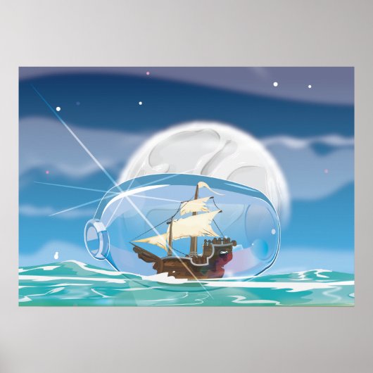 Schip in een fles op zee poster (Voorkant)