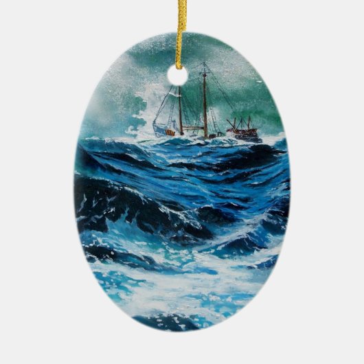 Schip in het Zee in Storm Keramisch Ornament (Voorkant)