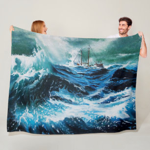 Schip in het Zee in Storm, Nautical, Navy Blue Fleece Deken